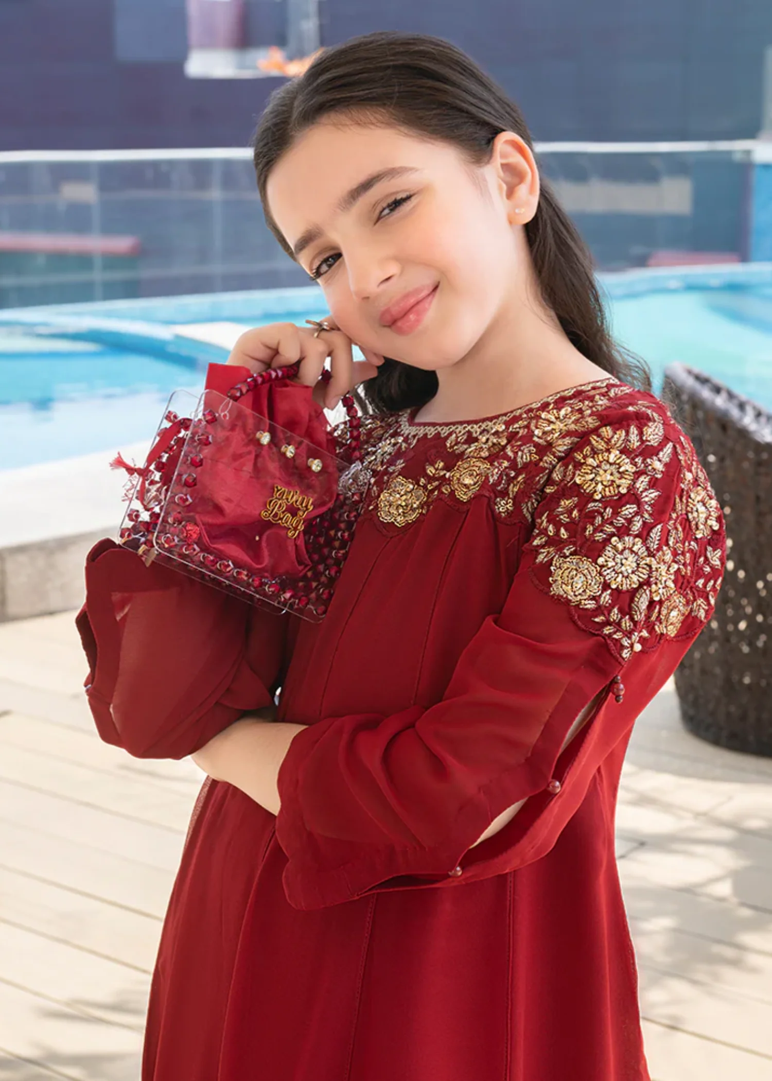 chiffon Short Frock in Red - view 3
