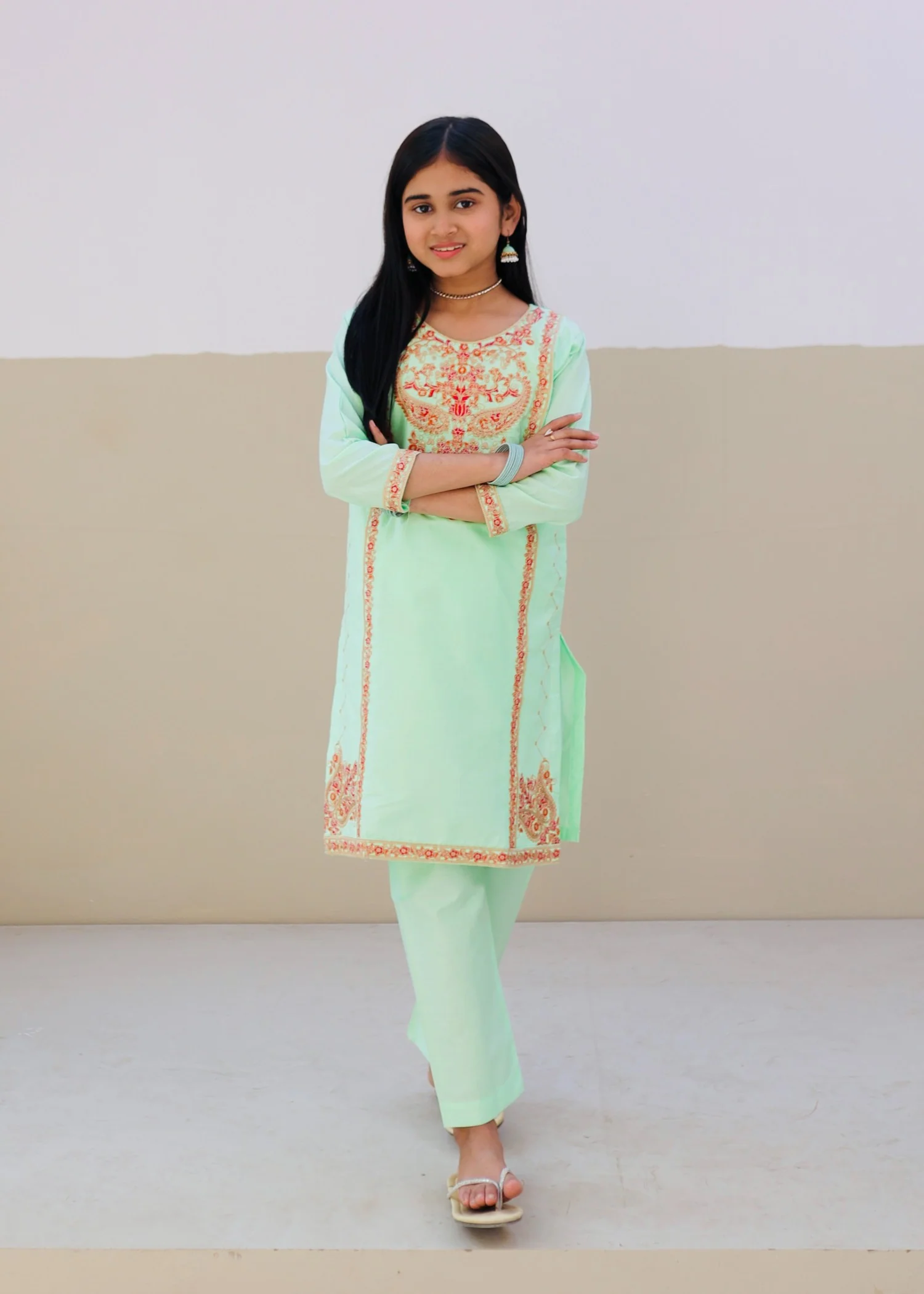 cotton Kurta Set in Tea green - view 2