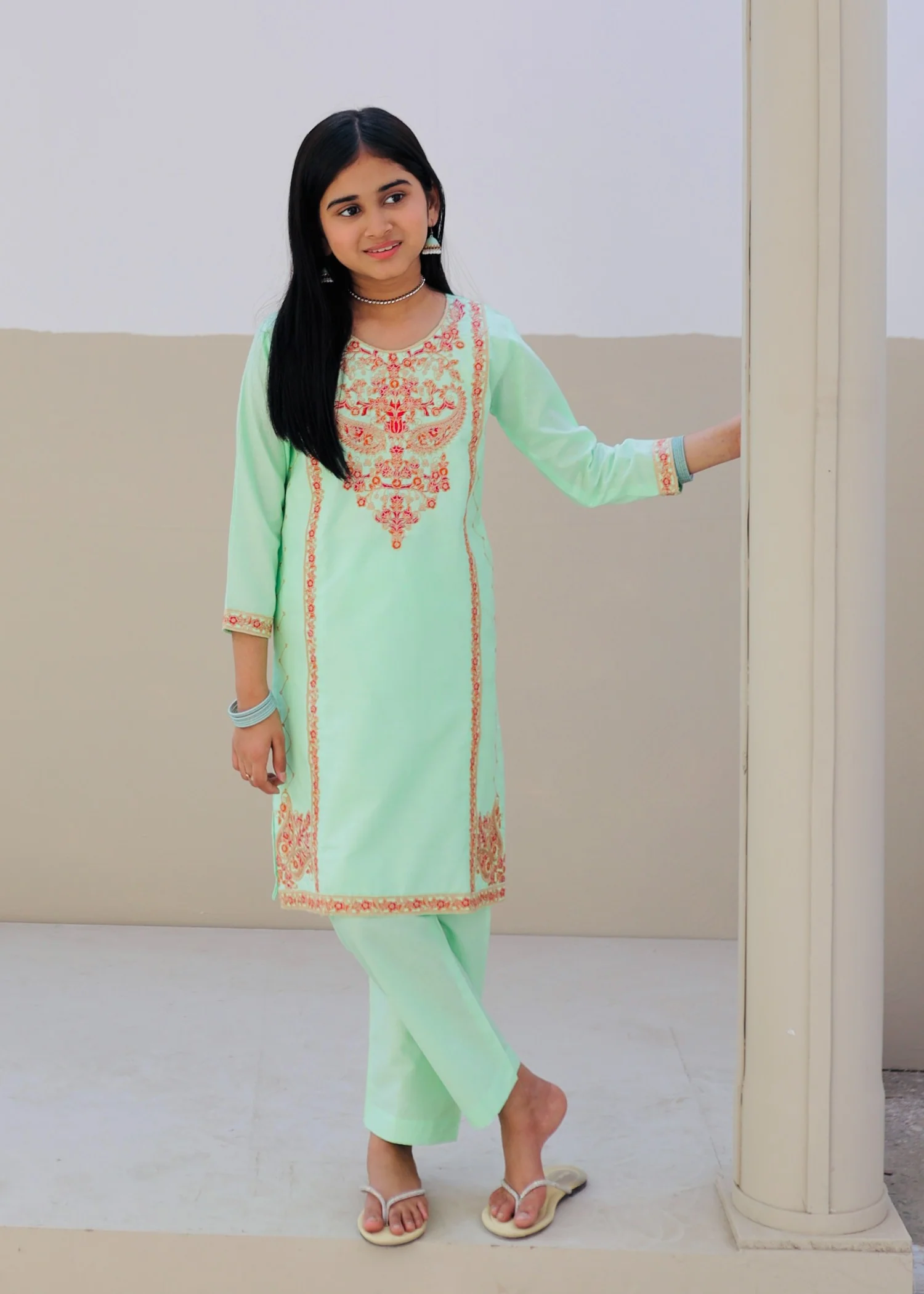 cotton Kurta Set in Tea green