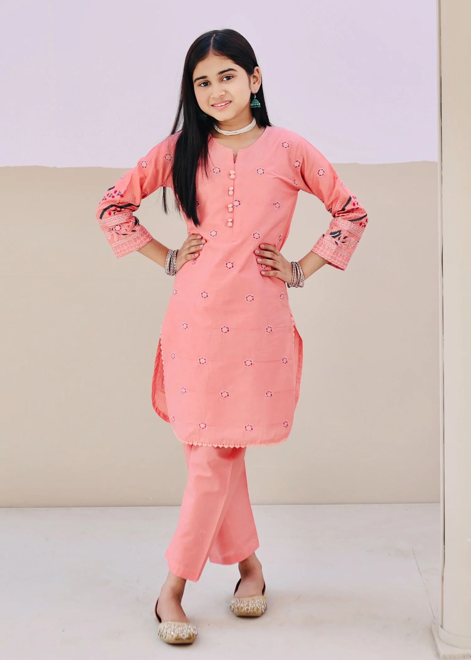 cotton Kurta Set in Peach pink - view 6