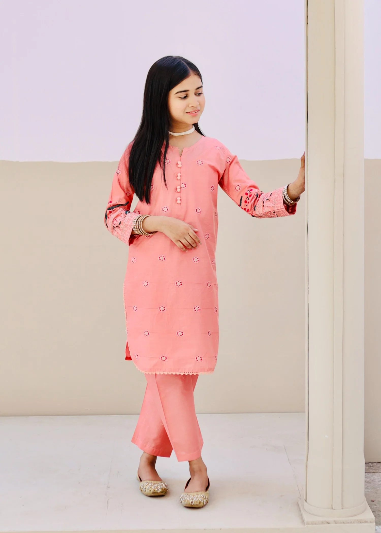 cotton Kurta Set in Peach pink - view 2