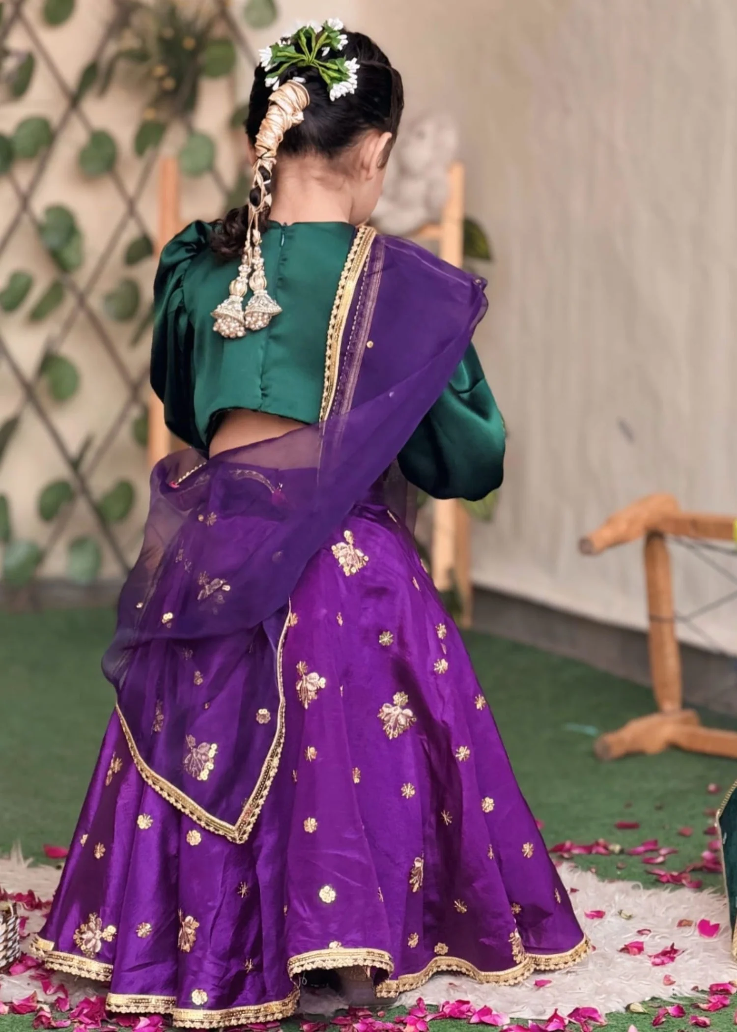 silk Lehenga in Bottle green, purple - view 2