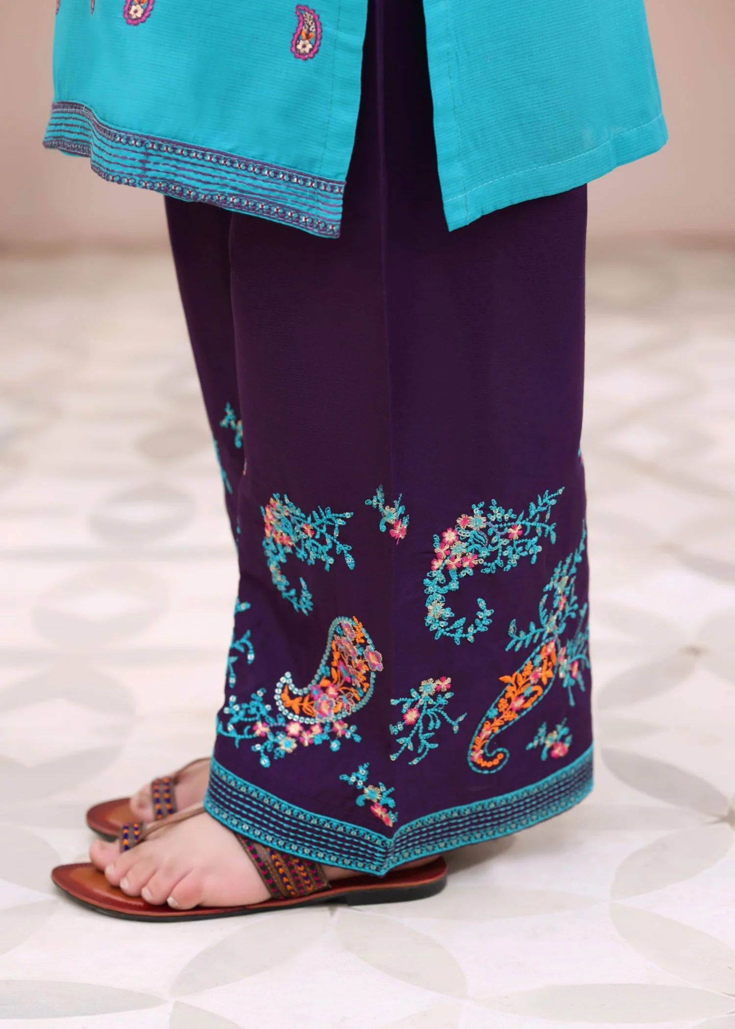 cotton Kurta Set in Turquoise - view 4