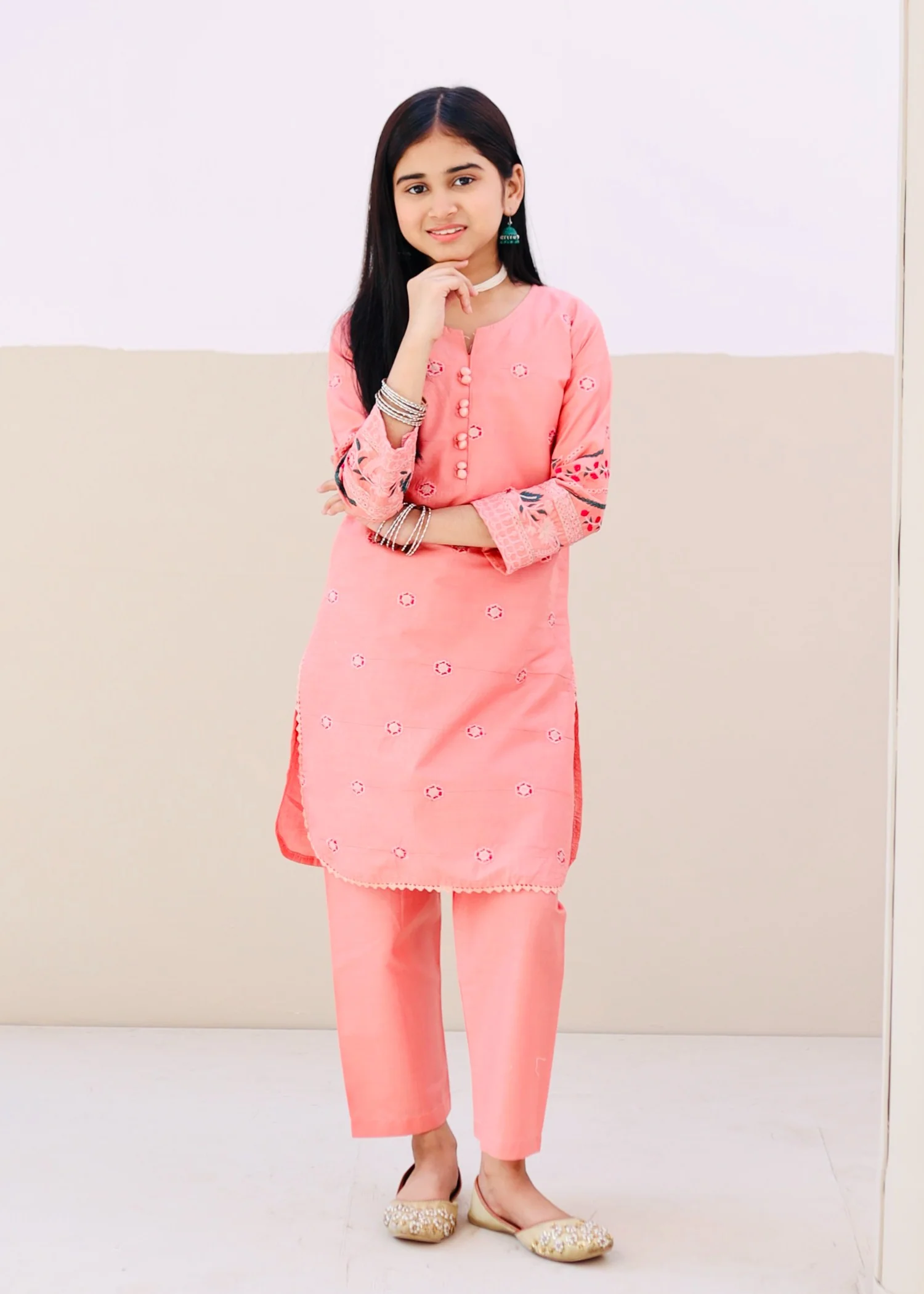 cotton Kurta Set in Peach pink - view 5