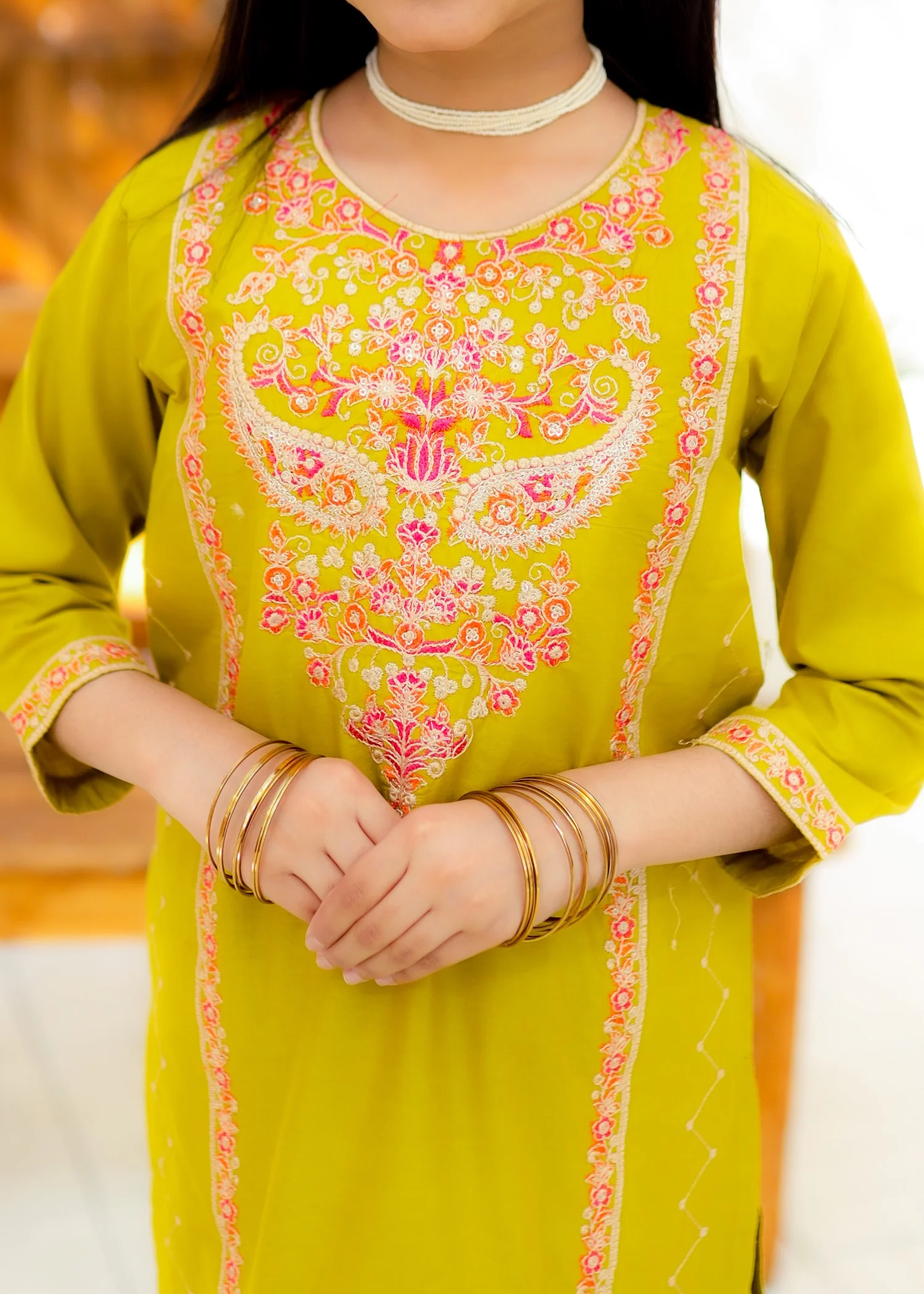 cotton Kurta Set in Acid yellow - view 4