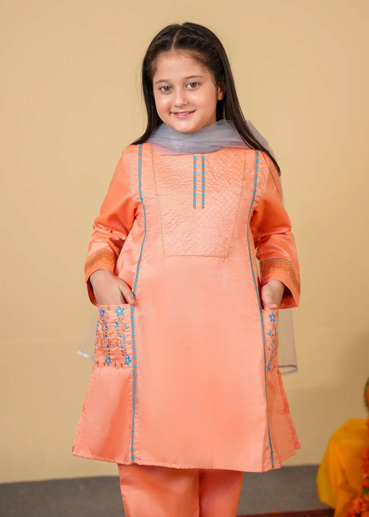 cambric cotton Kurta Set in Peach pink - view 4