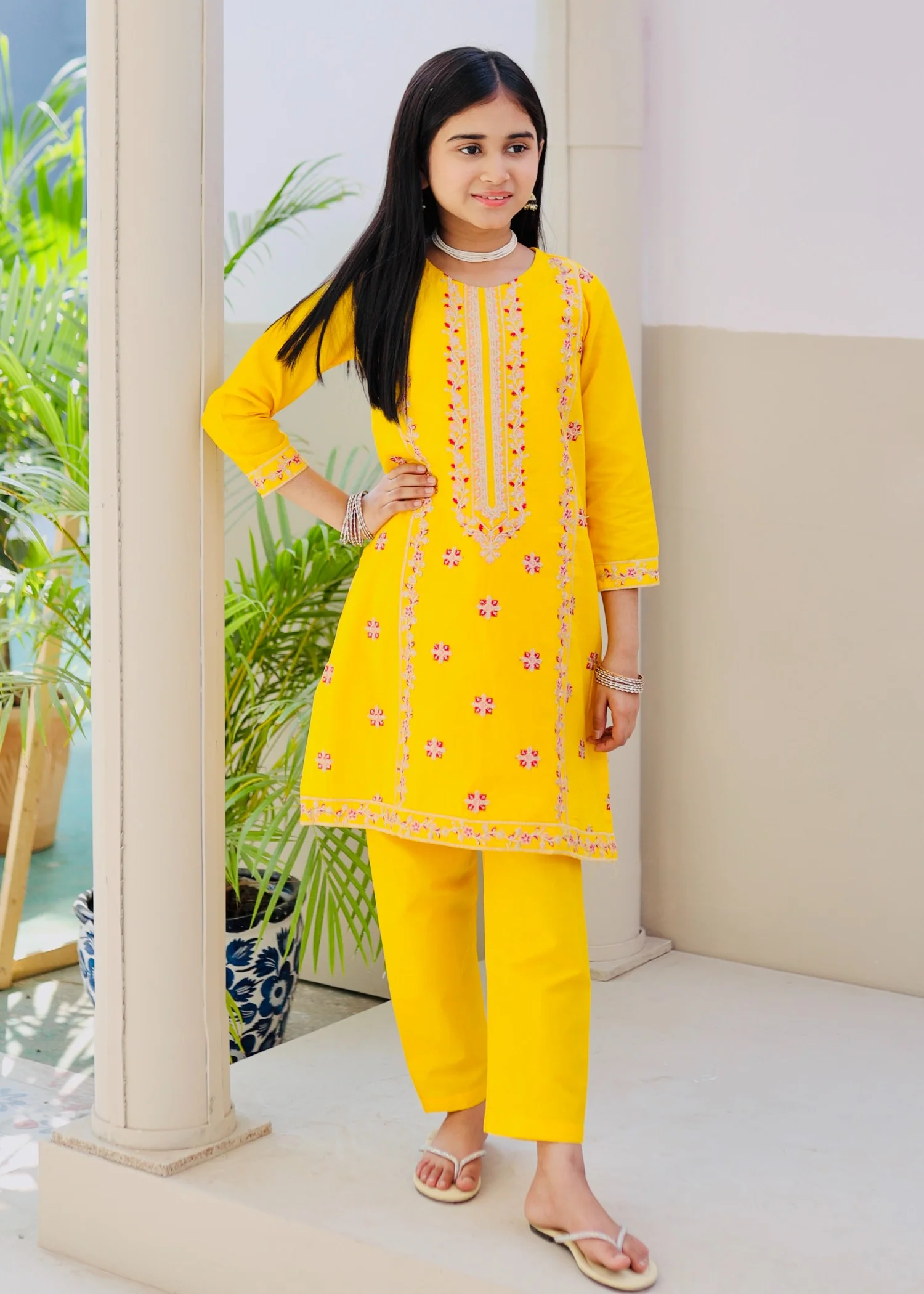 cotton Kurta Set in Yellow - view 3