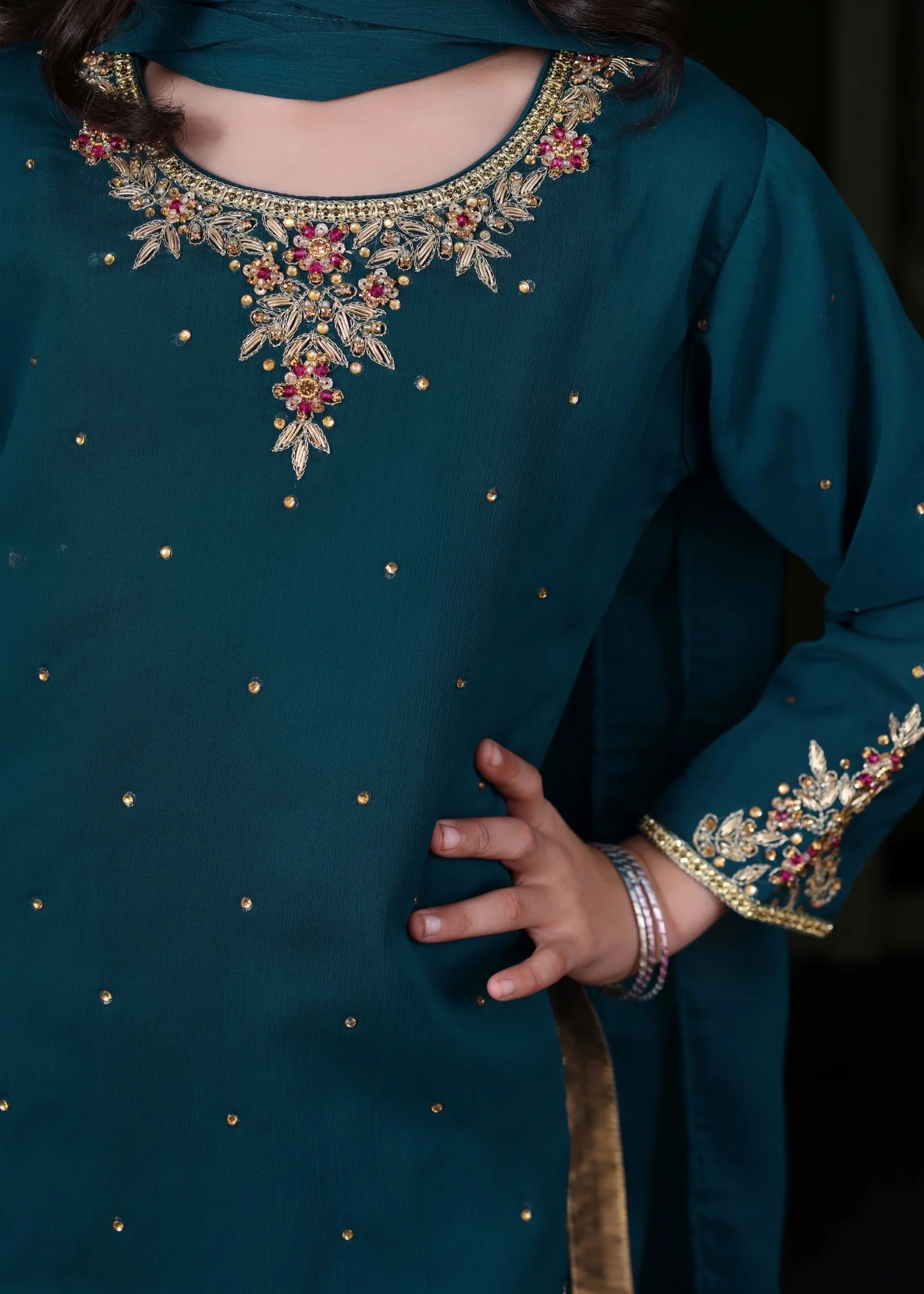 chiffon Kurta Set in Teal - view 6