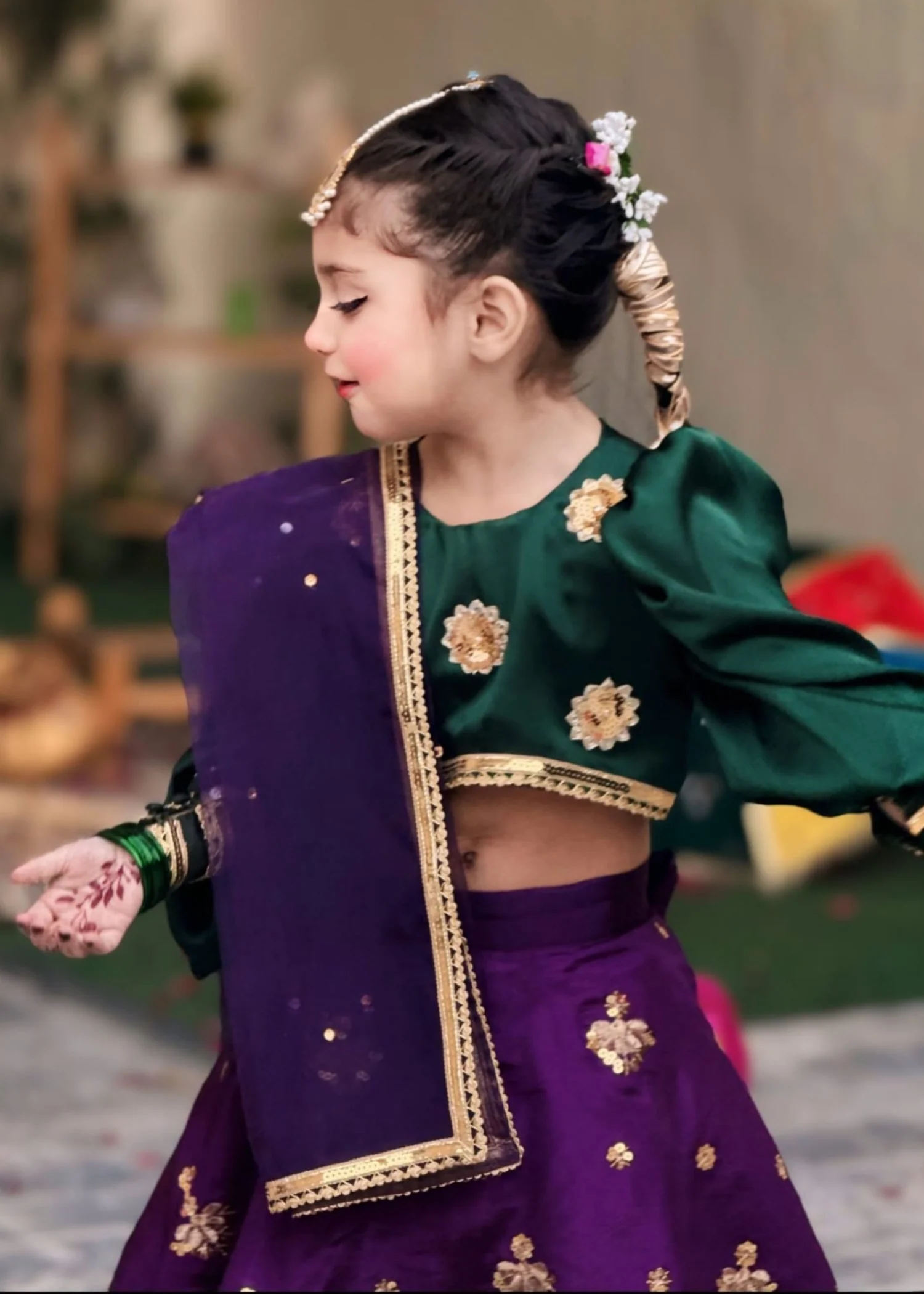 silk Lehenga in Bottle green, purple - view 3