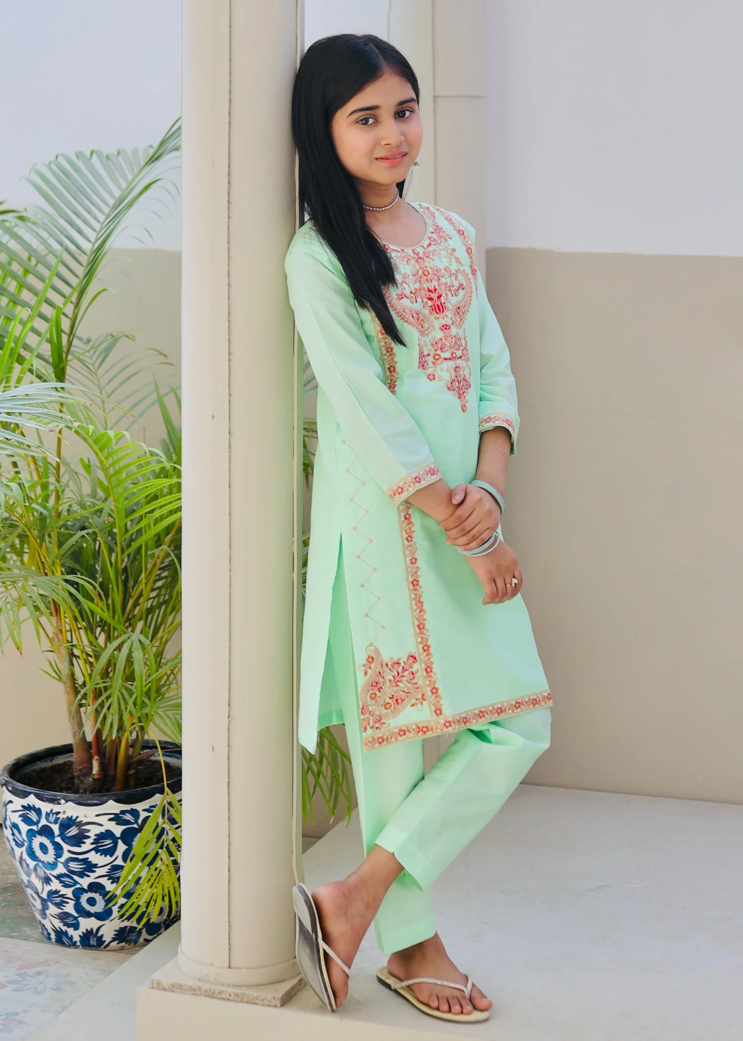 cotton Kurta Set in Tea green - view 4