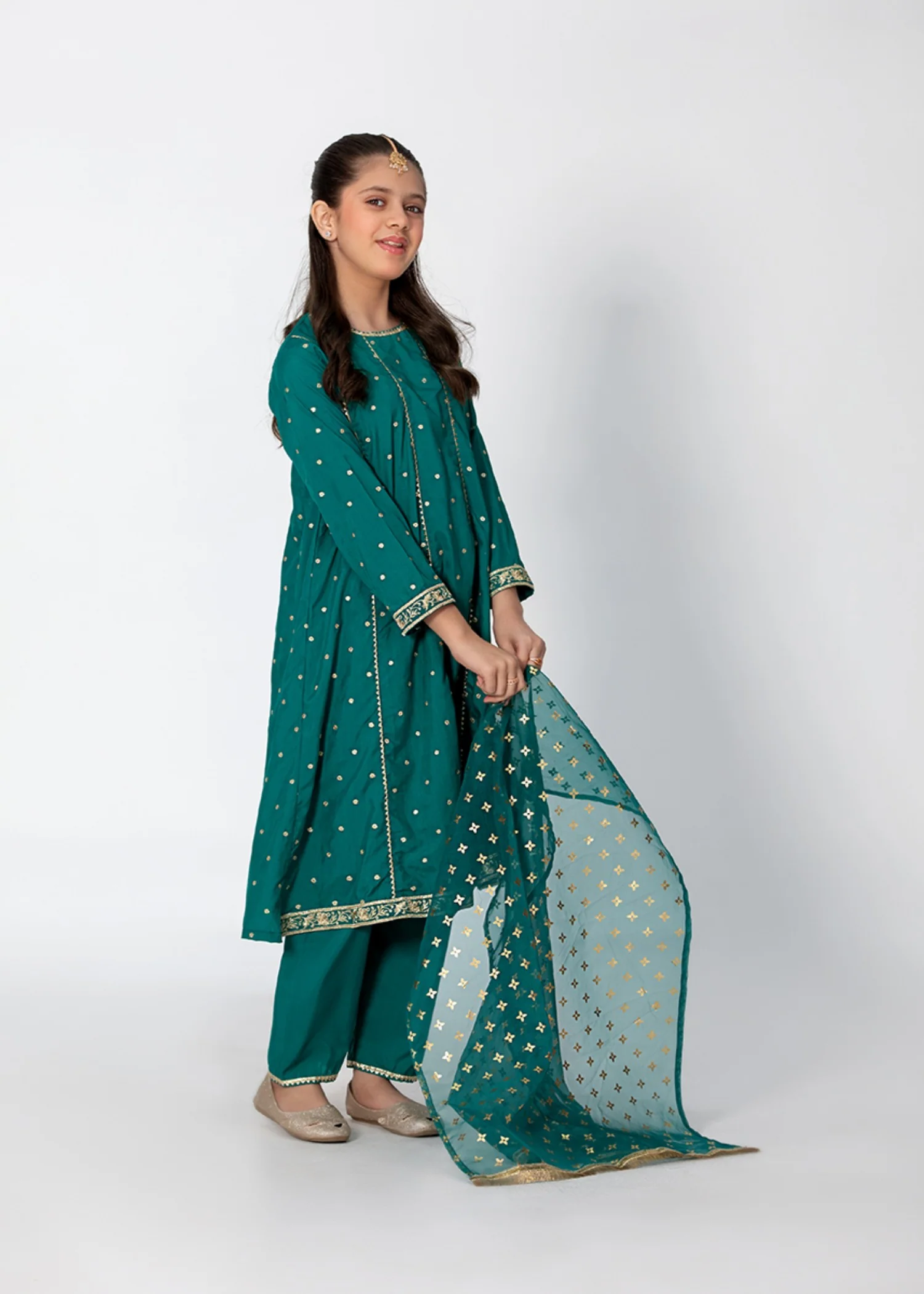 raw silk Pishwas in Sea green - view 3
