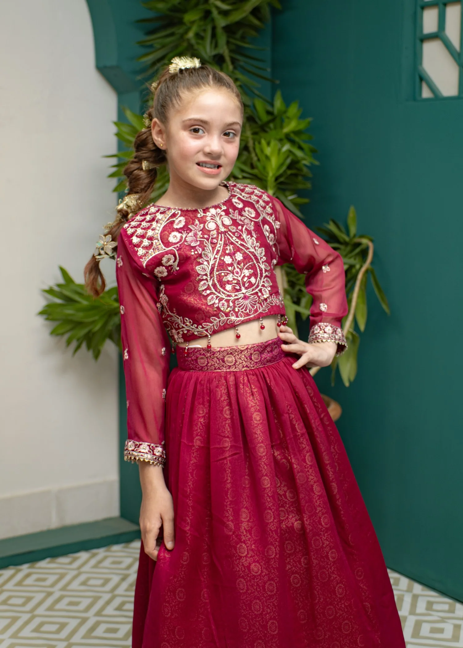 chiffon Lehenga in Raspberry - view 2