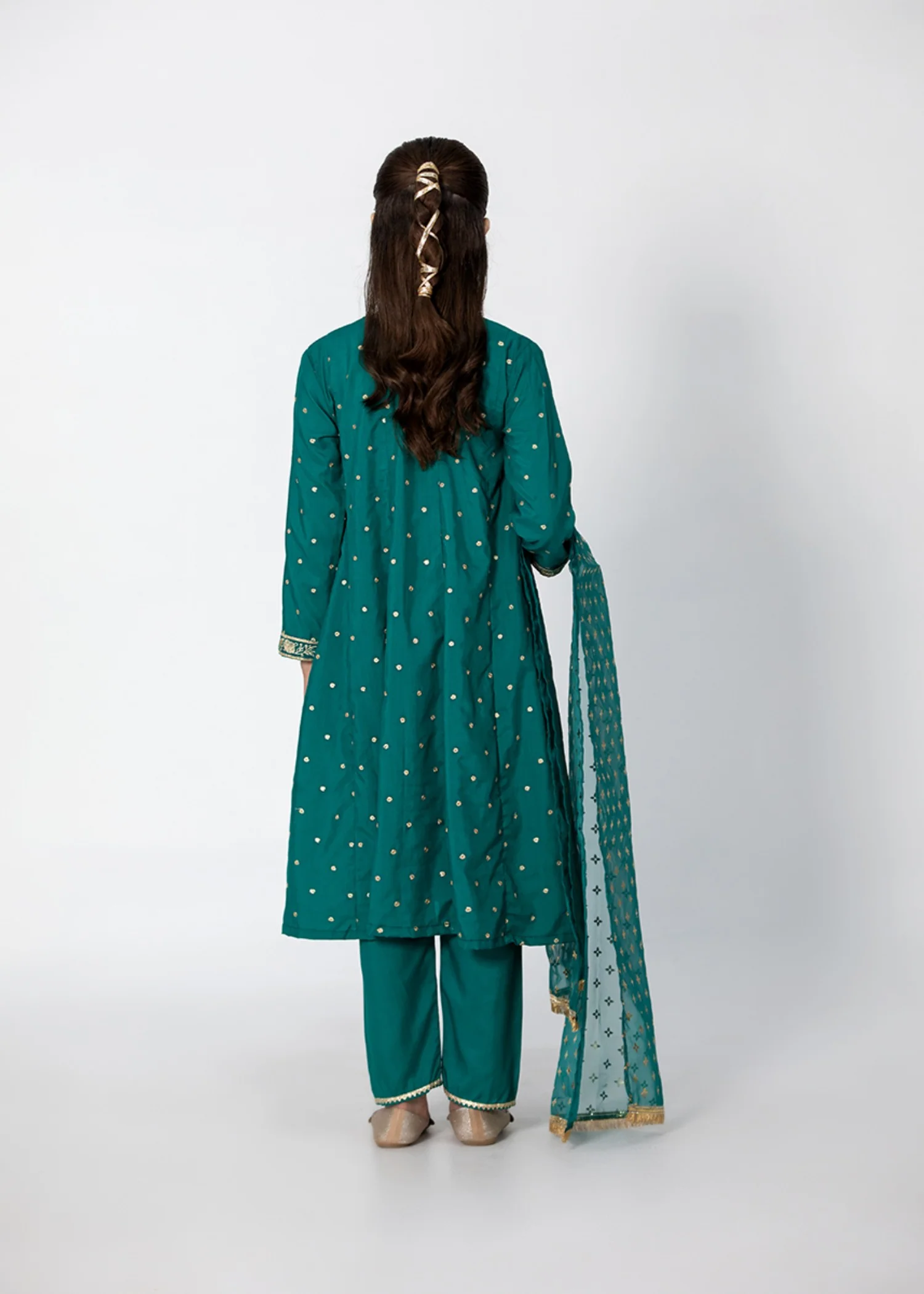 raw silk Pishwas in Sea green - view 4