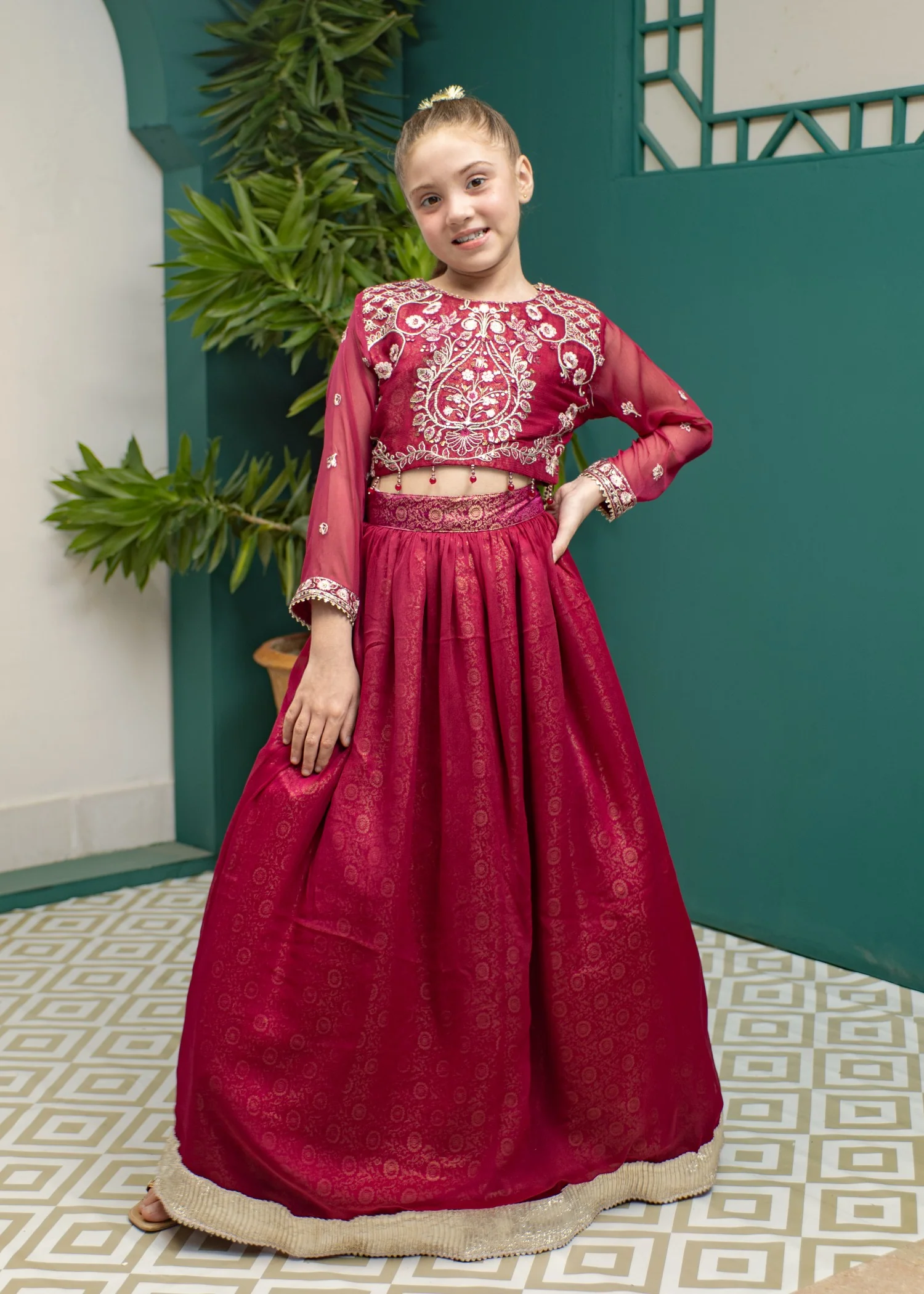 chiffon Lehenga in Raspberry