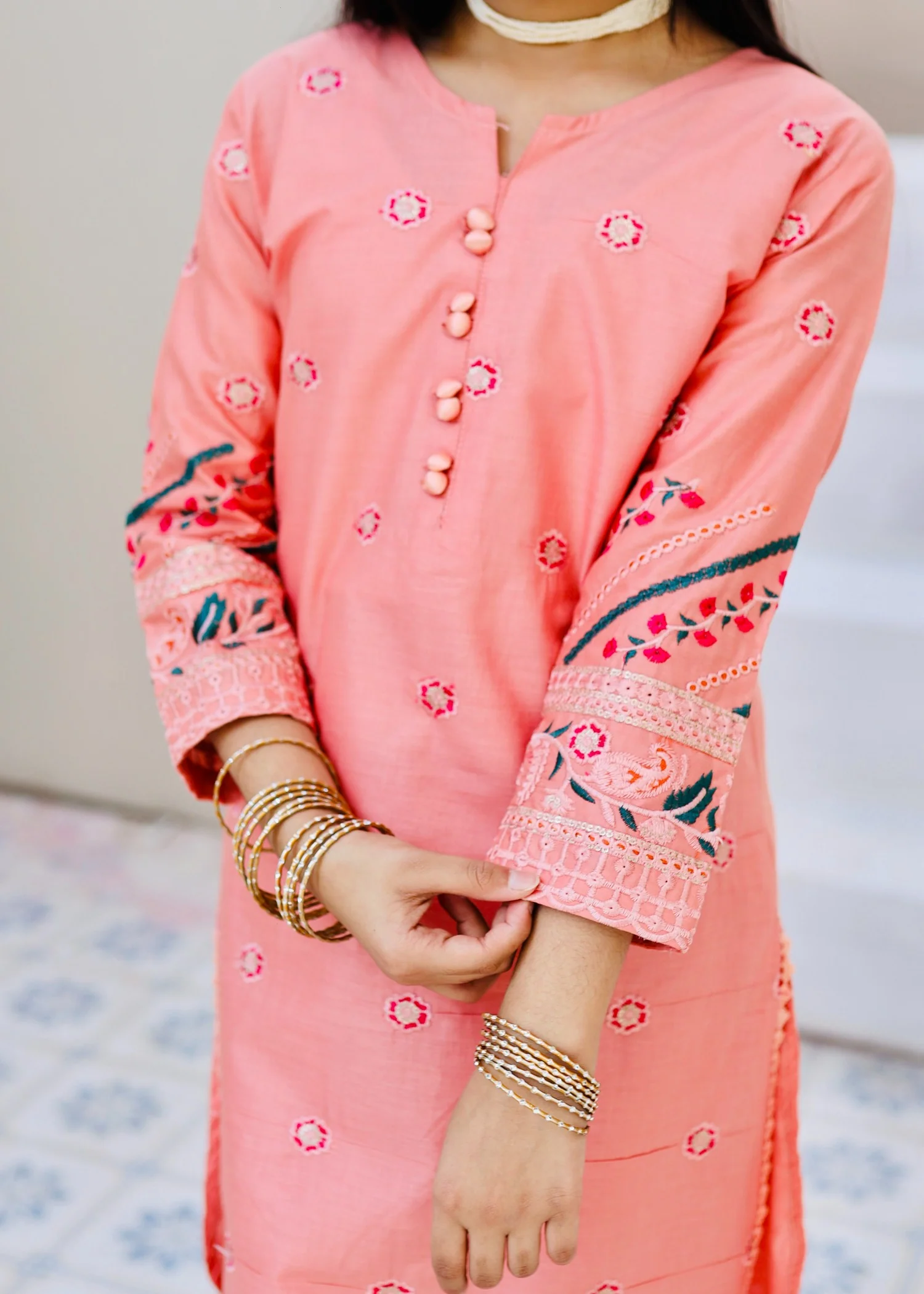 cotton Kurta Set in Peach pink - view 3