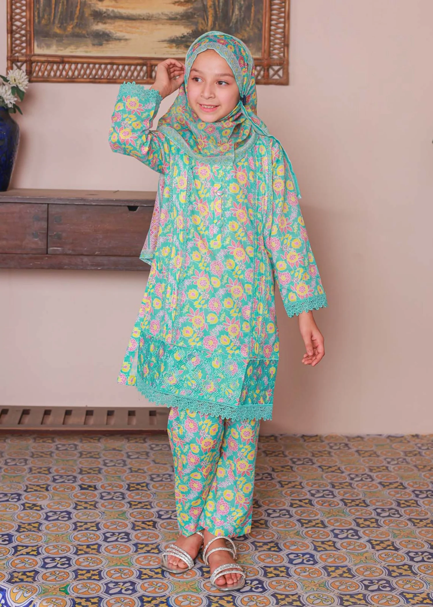 lawn Kurta Set in Light cyan