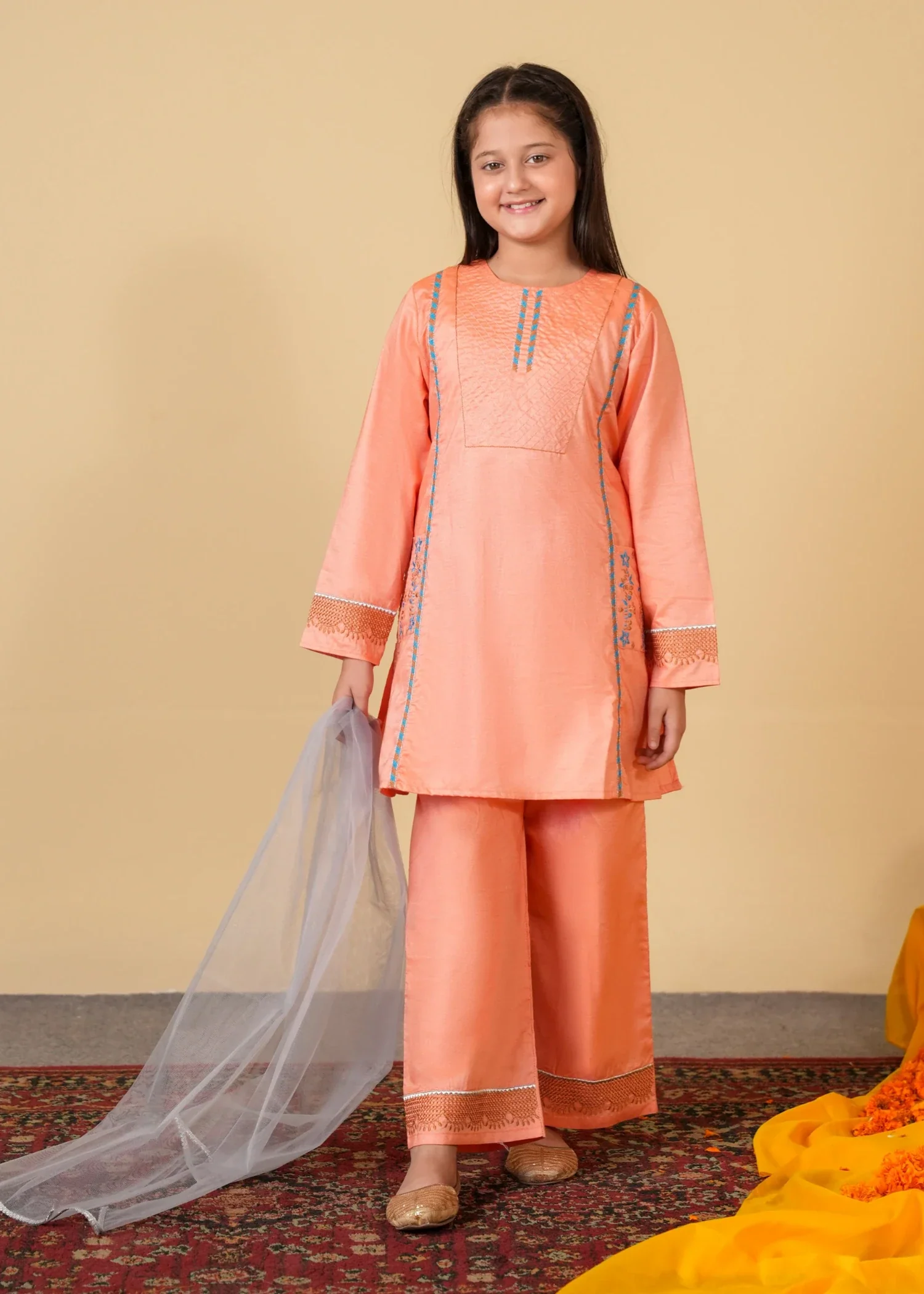 cambric cotton Kurta Set in Peach pink