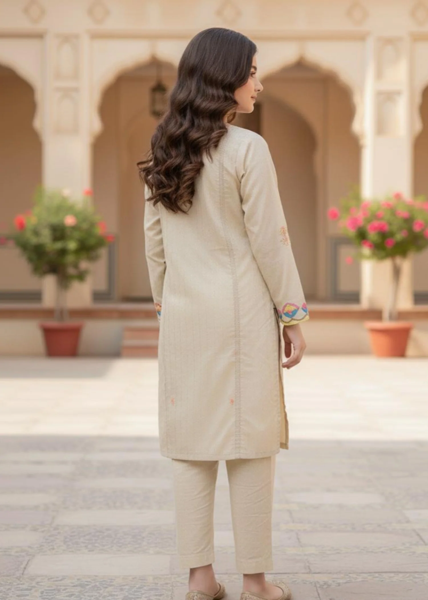 linen Kurta Set in Cream - view 3