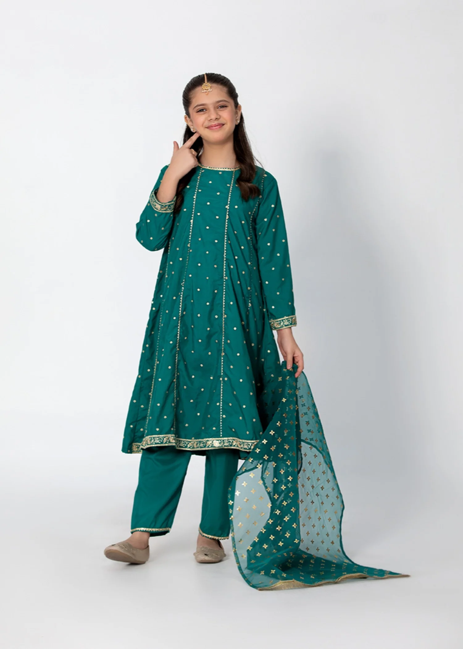 raw silk Pishwas in Sea green - view 2