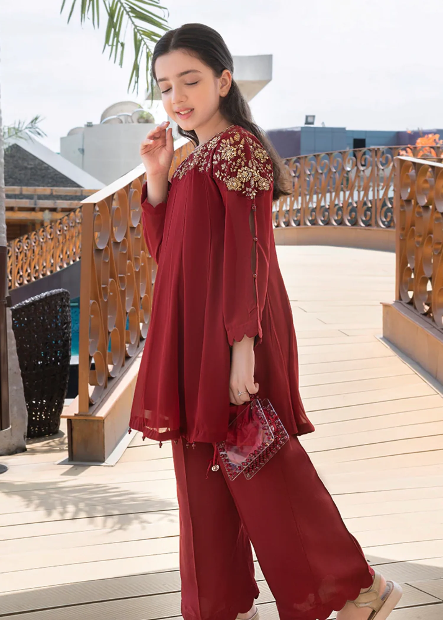 chiffon Short Frock in Red - view 2