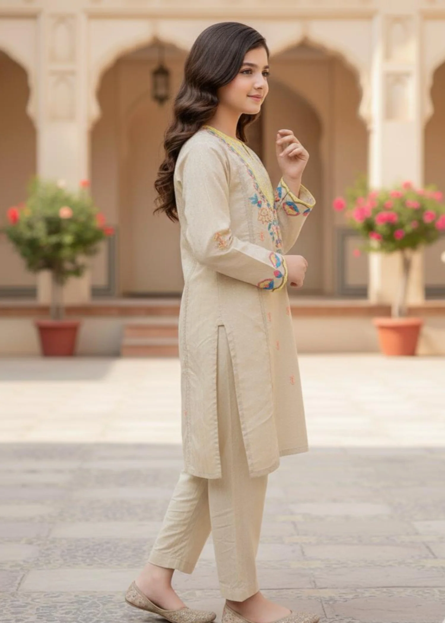linen Kurta Set in Cream - view 2
