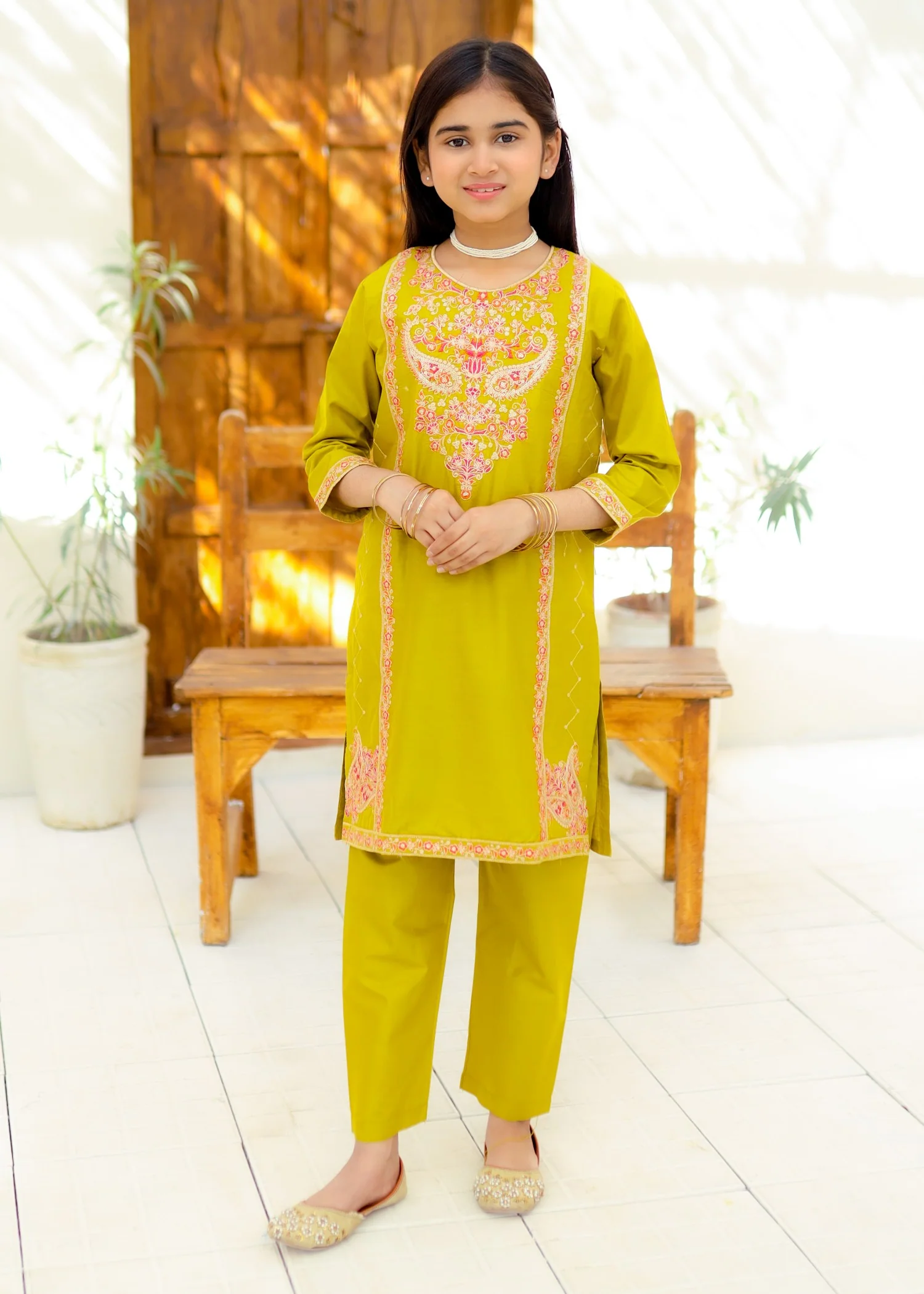 cotton Kurta Set in Acid yellow - view 3
