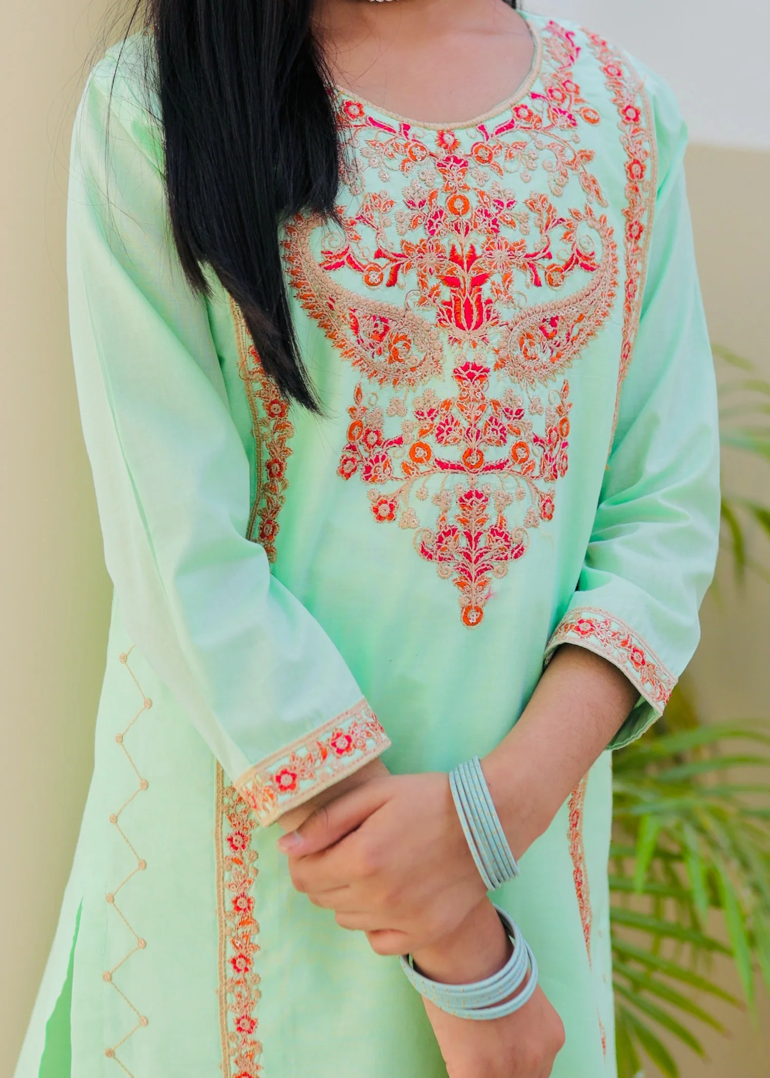 cotton Kurta Set in Tea green - view 3