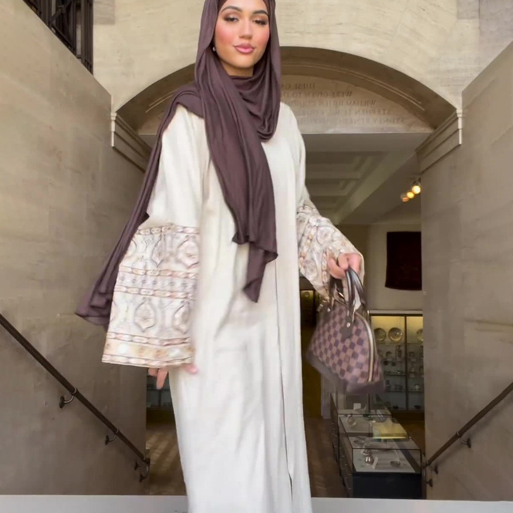 Ramadan Abaya - Printed Middle Eastern Jubah, Puff Sleeve Retro Skirt for Muslim Women
