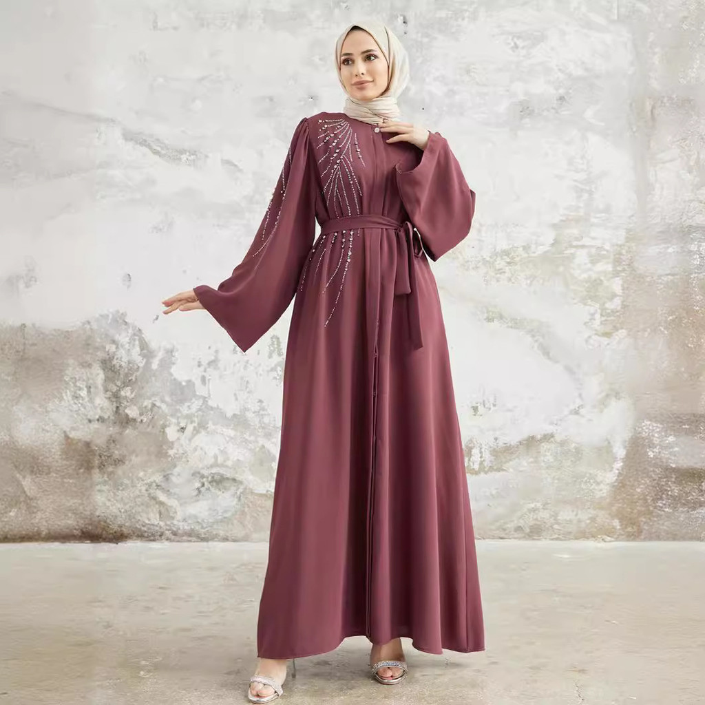 Raya Dubai Diamonds Abaya Kaftan Muslim Women Long Sleeve Maxi Dress Modest Islam Musulman