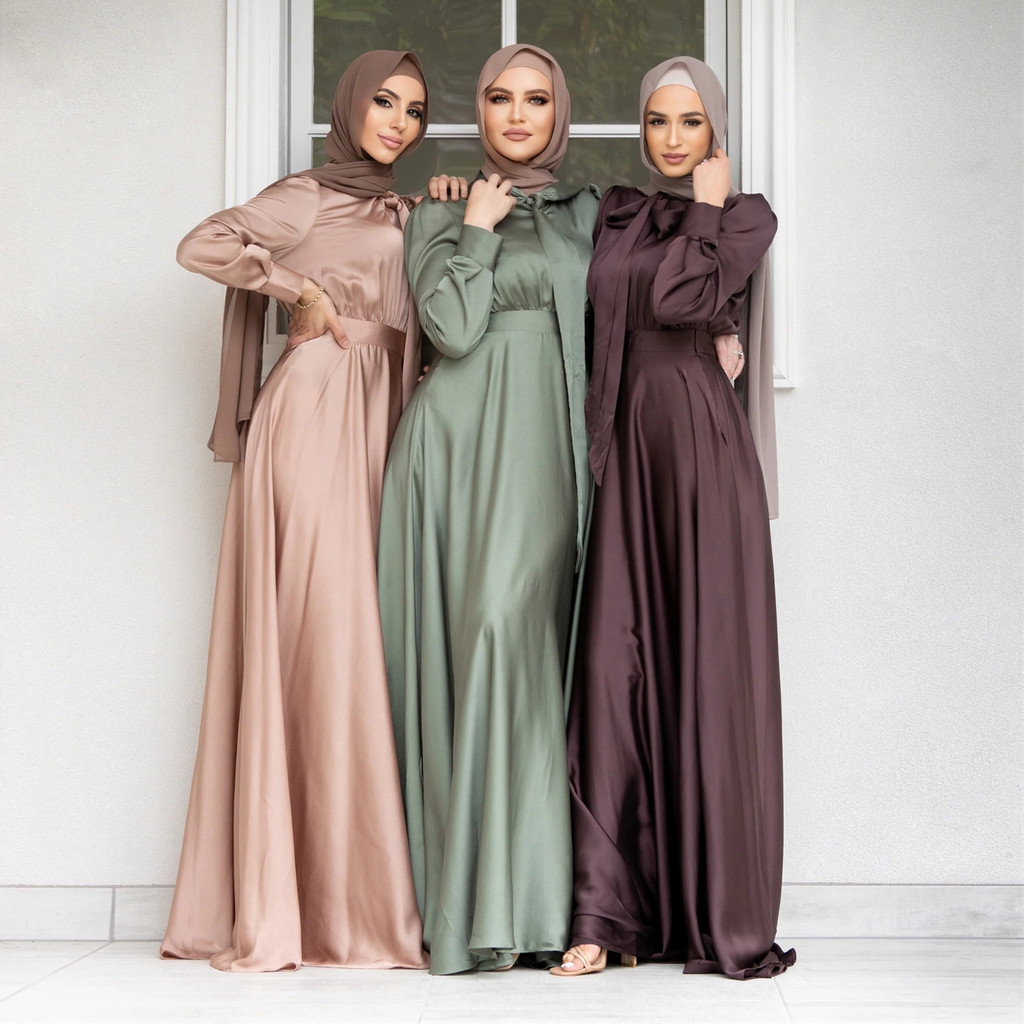 Elegant Satin Dress for Women Muslim Fashion Abaya Hijab Dubai  Arabic Kaftan Robe Female Islamic Clothing