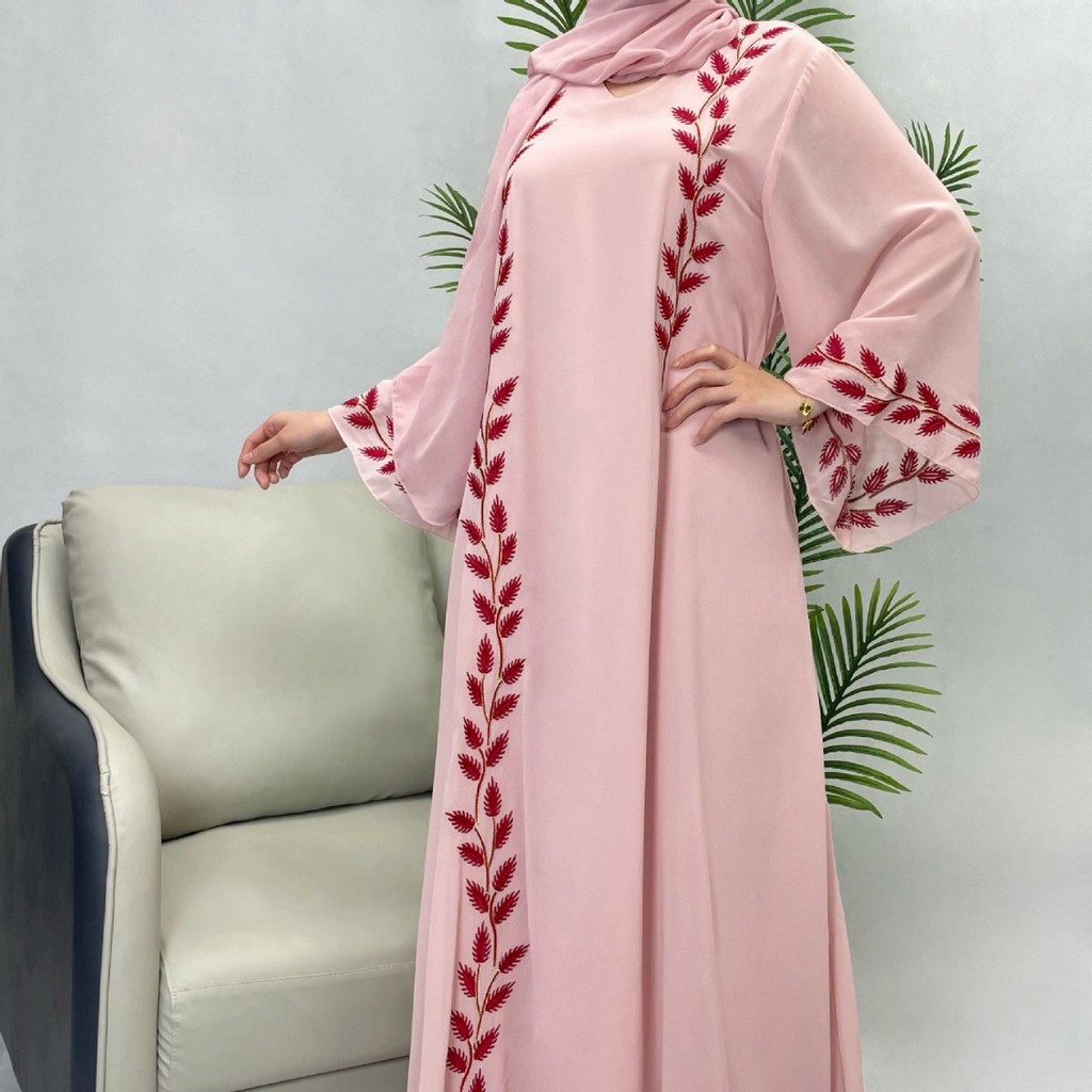 Raya abaya Dubai Türkiye Fashion Street Chiffon Round Neck Plant Pattern Embroidery Jubah