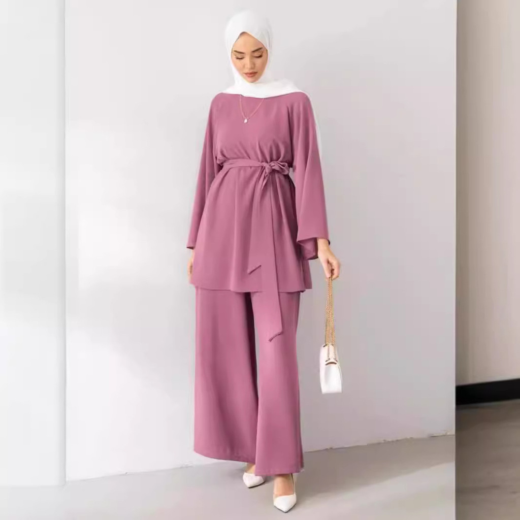 Raya Muslim Two Piece Set Islam Women Lace Up Shirt Wide Leg Pants Suits Ramadan Outfits Modest Abayas Ensembles