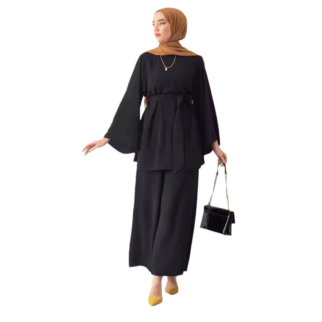 Raya Muslim Two Piece Set Islam Women Lace Up Shirt Wide Leg Pants Suits Ramadan Outfits Modest Abayas Ensembles