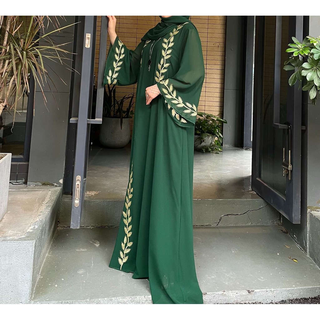 Raya abaya Dubai Türkiye Fashion Street Chiffon Round Neck Plant Pattern Embroidery Jubah