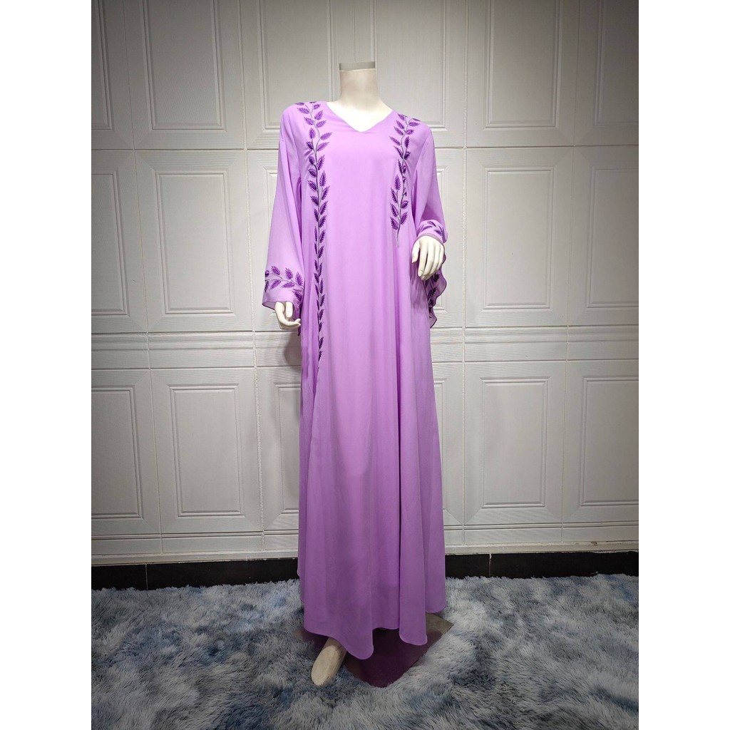Raya abaya Dubai Türkiye Fashion Street Chiffon Round Neck Plant Pattern Embroidery Jubah