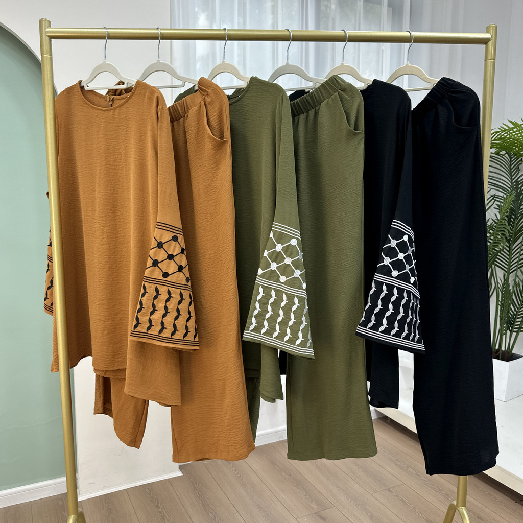 2Pieces Ramadan Djellaba Suits Abaya Dubai Embroidery Shirt + Pants Muslim Sets Abaya Dubai Muslim Islam Abayas