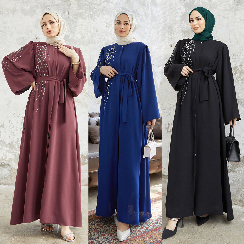 Raya Dubai Diamonds Abaya Kaftan Muslim Women Long Sleeve Maxi Dress Modest Islam Musulman