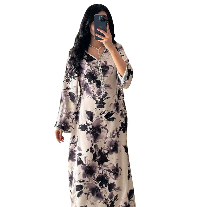 Ramadan Muslim Women Dresses Abaya V Neck Diamond Print Party Long Dress Belt Kaftan Vestidos Dubai Robe