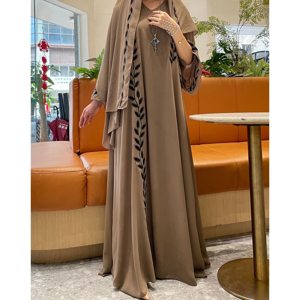 Raya abaya Dubai Türkiye Fashion Street Chiffon Round Neck Plant Pattern Embroidery Jubah