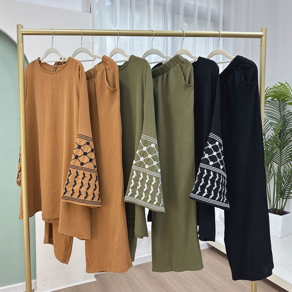 2Pieces Ramadan Djellaba Suits Abaya Dubai Embroidery Shirt + Pants Muslim Sets Abaya Dubai Muslim Islam Abayas