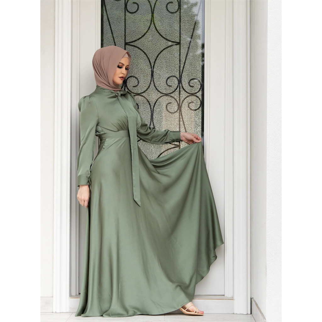 Elegant Satin Dress for Women Muslim Fashion Abaya Hijab Dubai  Arabic Kaftan Robe Female Islamic Clothing