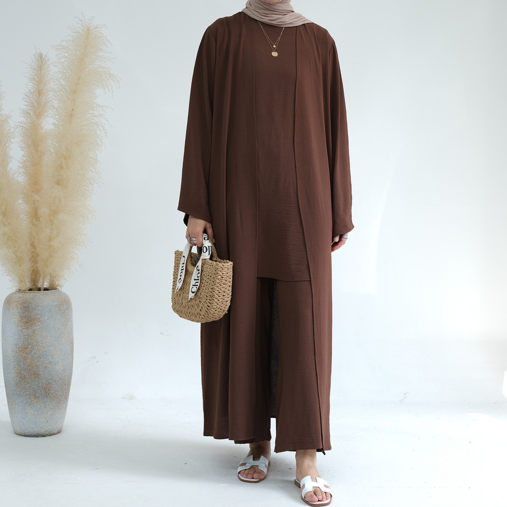 Muslim 3 Piece Set Women Top Cardigan Wide Leg Pants Suit Ramadan Arabic Outfits Dubai Islam Musulman Ensemble