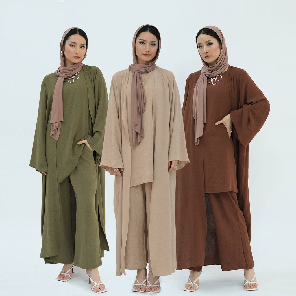 3Pieces Ramadan Suits Abaya Dubai Dress + Pants Muslim Sets Dress Abaya Dubai Muslim Islam Abayas woman
