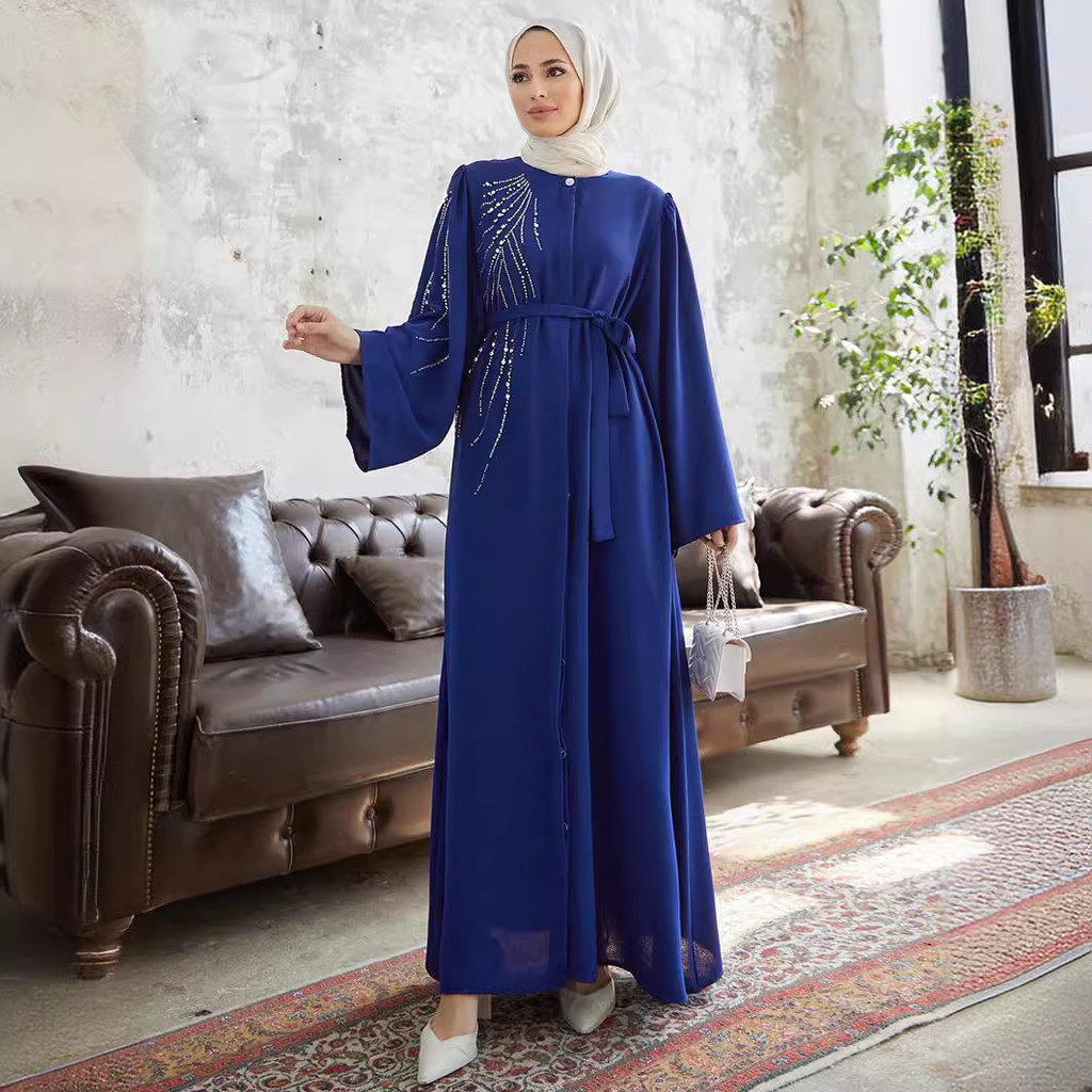 Raya Dubai Diamonds Abaya Kaftan Muslim Women Long Sleeve Maxi Dress Modest Islam Musulman