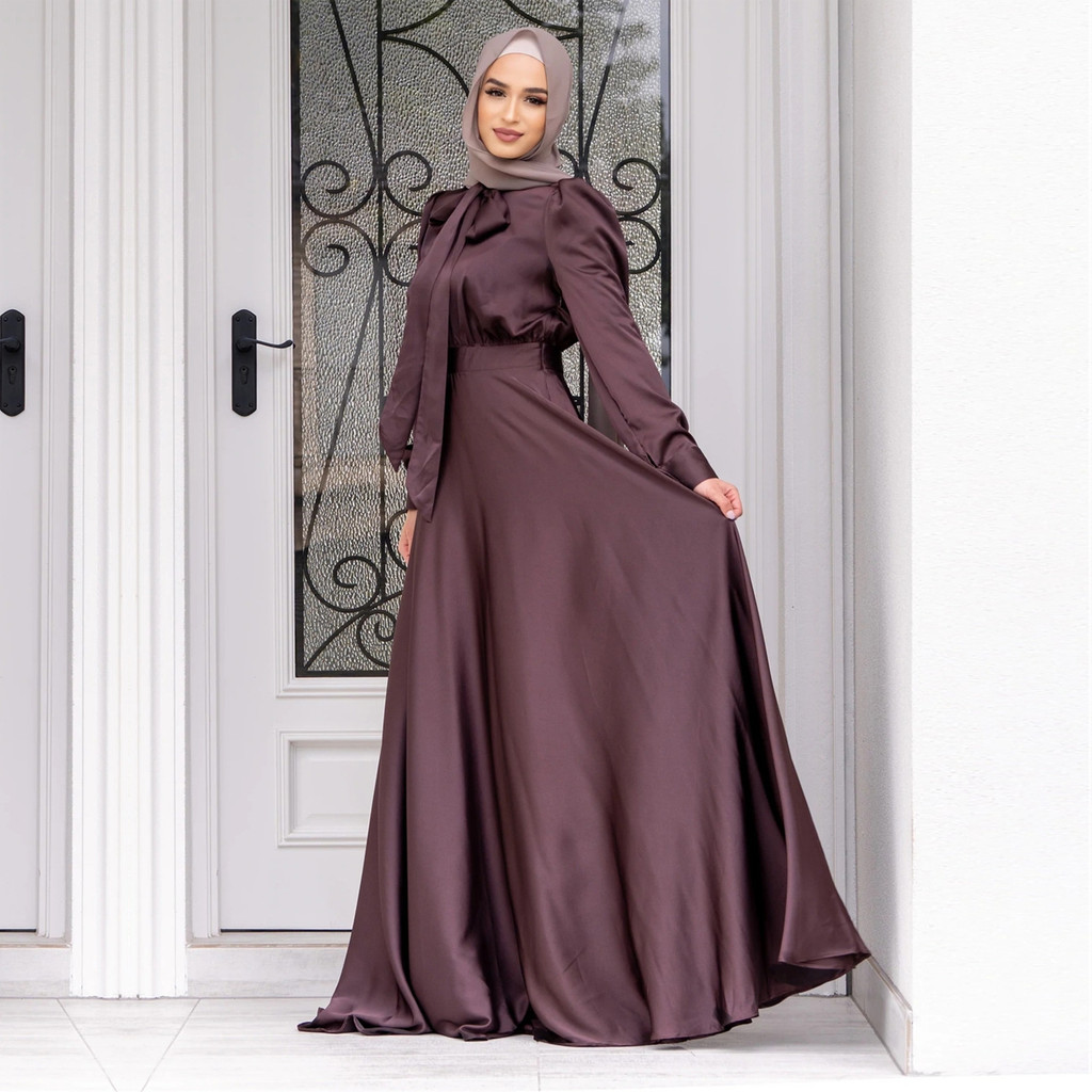 Elegant Satin Dress for Women Muslim Fashion Abaya Hijab Dubai  Arabic Kaftan Robe Female Islamic Clothing