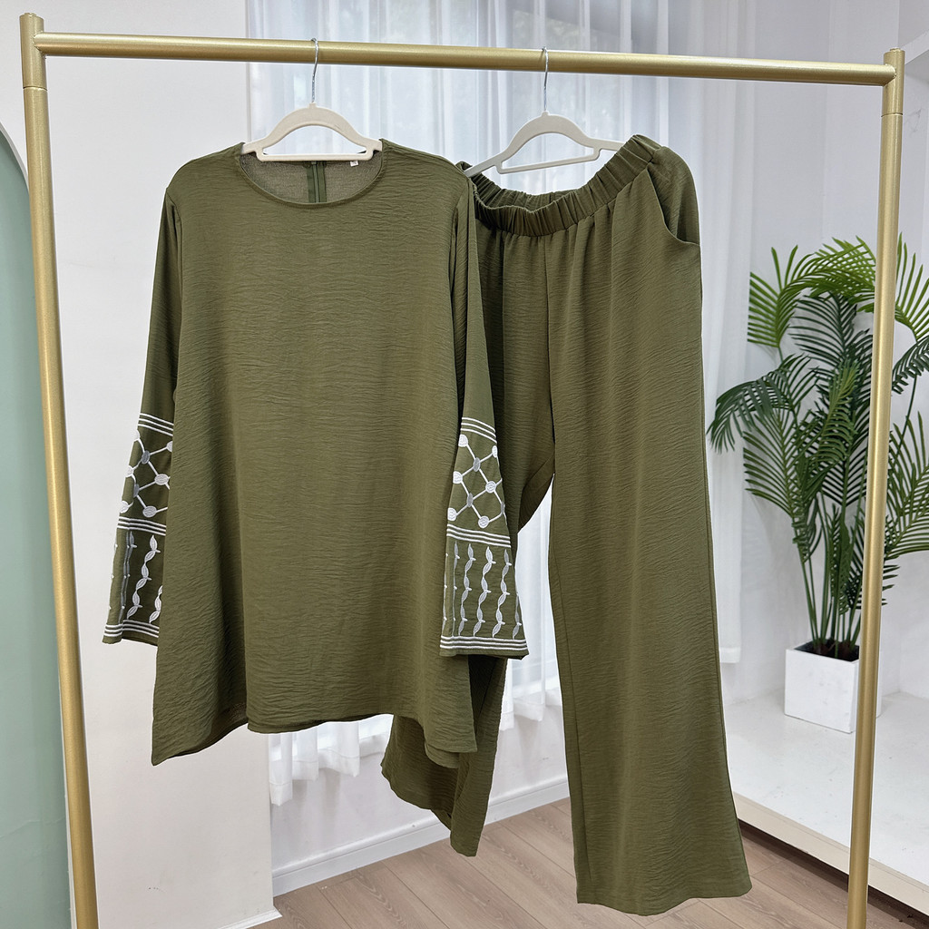 2Pieces Ramadan Djellaba Suits Abaya Dubai Embroidery Shirt + Pants Muslim Sets Abaya Dubai Muslim Islam Abayas