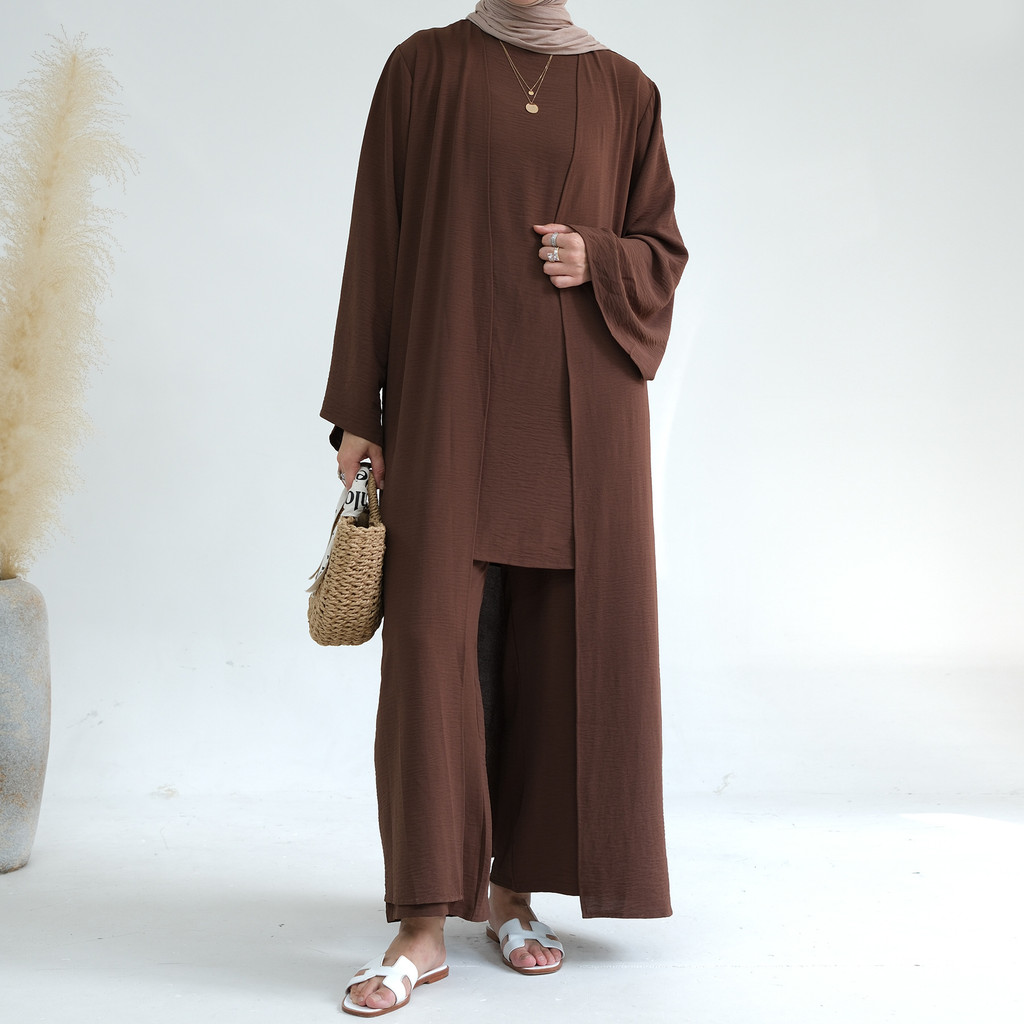 Muslim 3 Piece Set Women Top Cardigan Wide Leg Pants Suit Ramadan Arabic Outfits Dubai Islam Musulman Ensemble