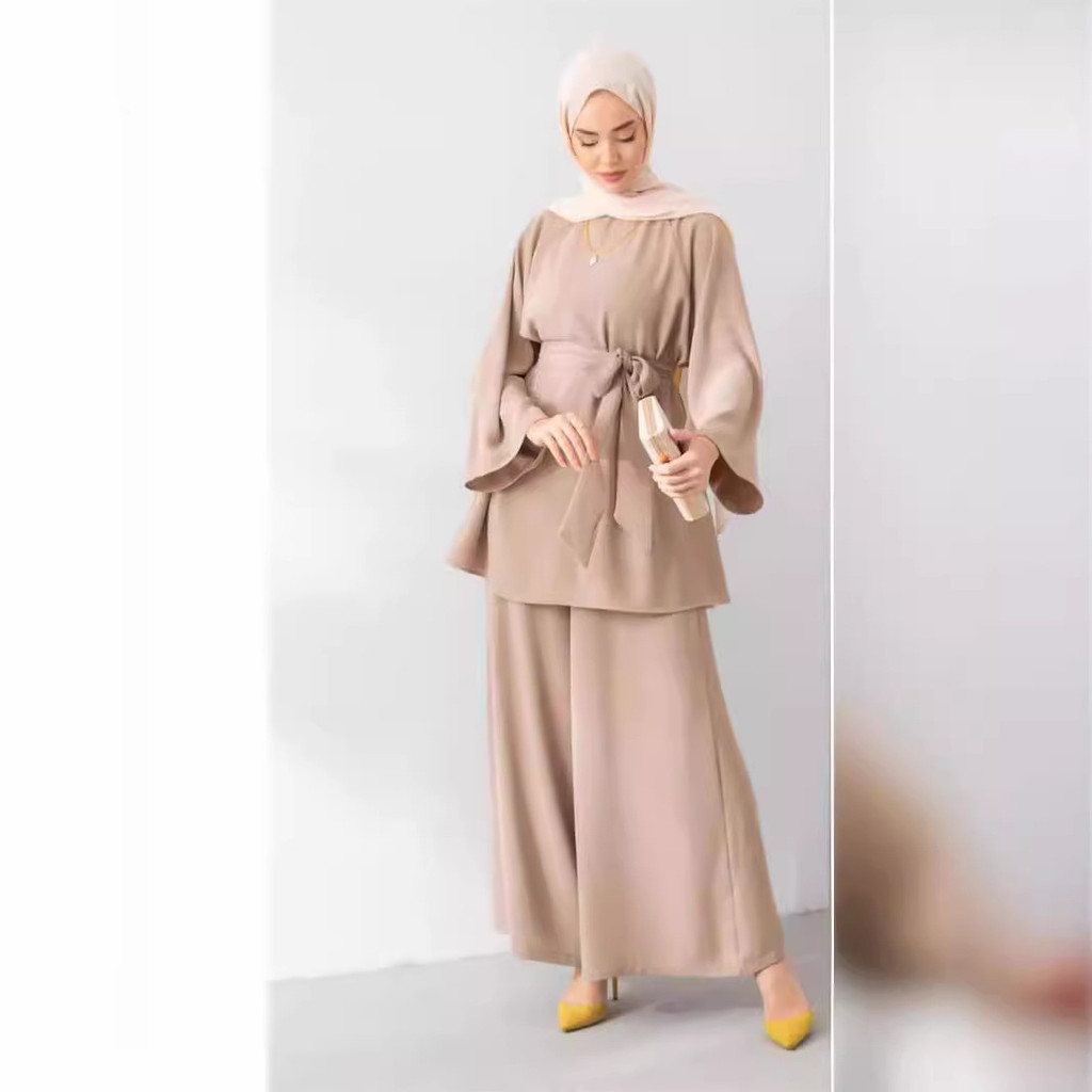 Raya Muslim Two Piece Set Islam Women Lace Up Shirt Wide Leg Pants Suits Ramadan Outfits Modest Abayas Ensembles