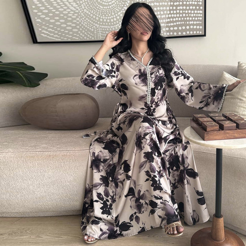 Ramadan Muslim Women Dresses Abaya V Neck Diamond Print Party Long Dress Belt Kaftan Vestidos Dubai Robe