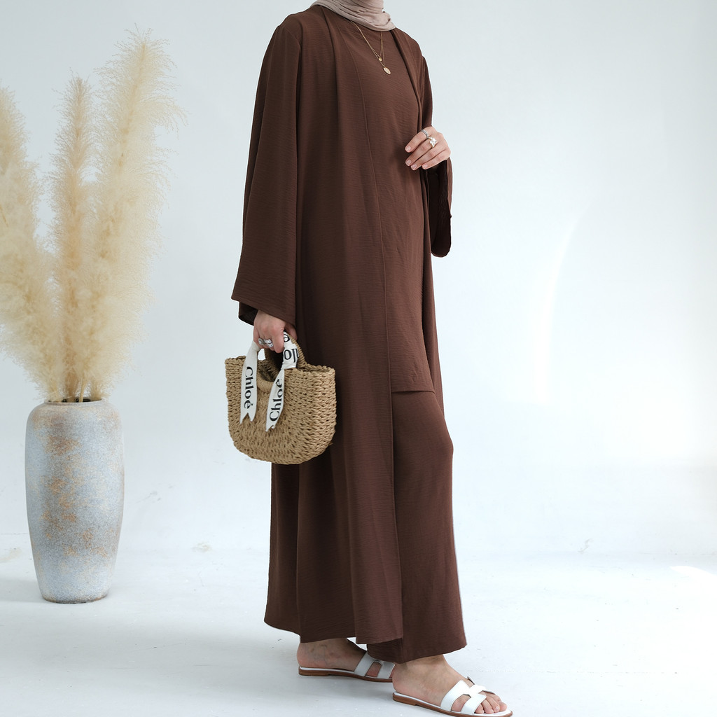 Muslim 3 Piece Set Women Top Cardigan Wide Leg Pants Suit Ramadan Arabic Outfits Dubai Islam Musulman Ensemble
